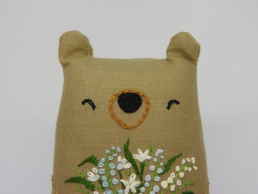 Hand Embroidered Bear With White & Blue Flowers