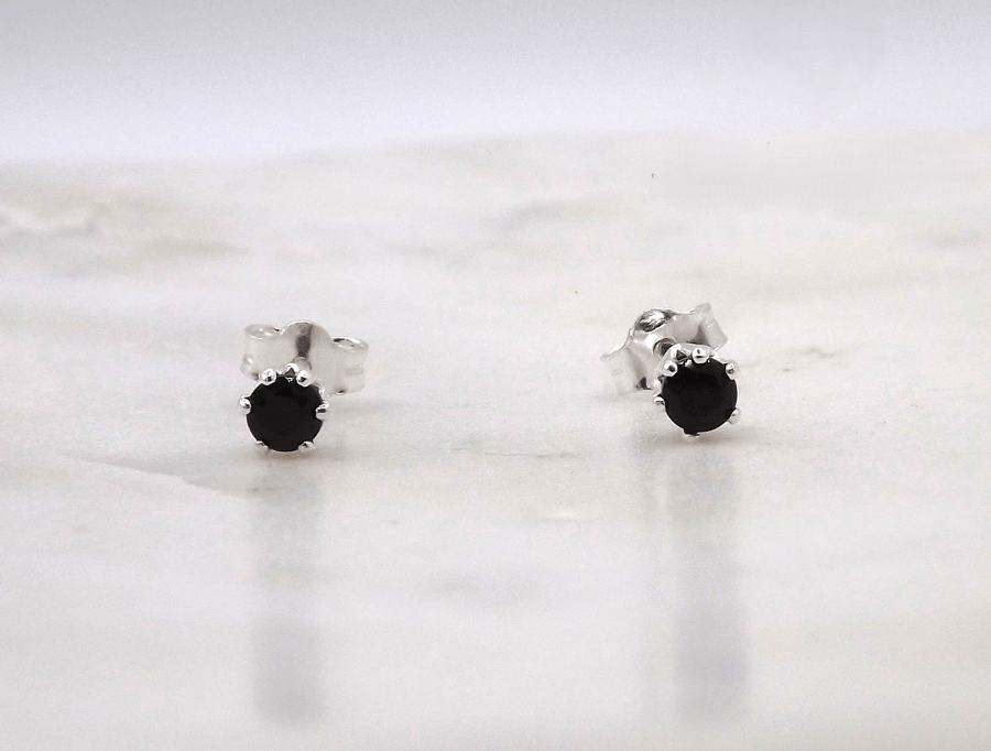 Black Spinel Facet 3mm Gemstone 6 Prong Sterling Silver Stud Earrings.