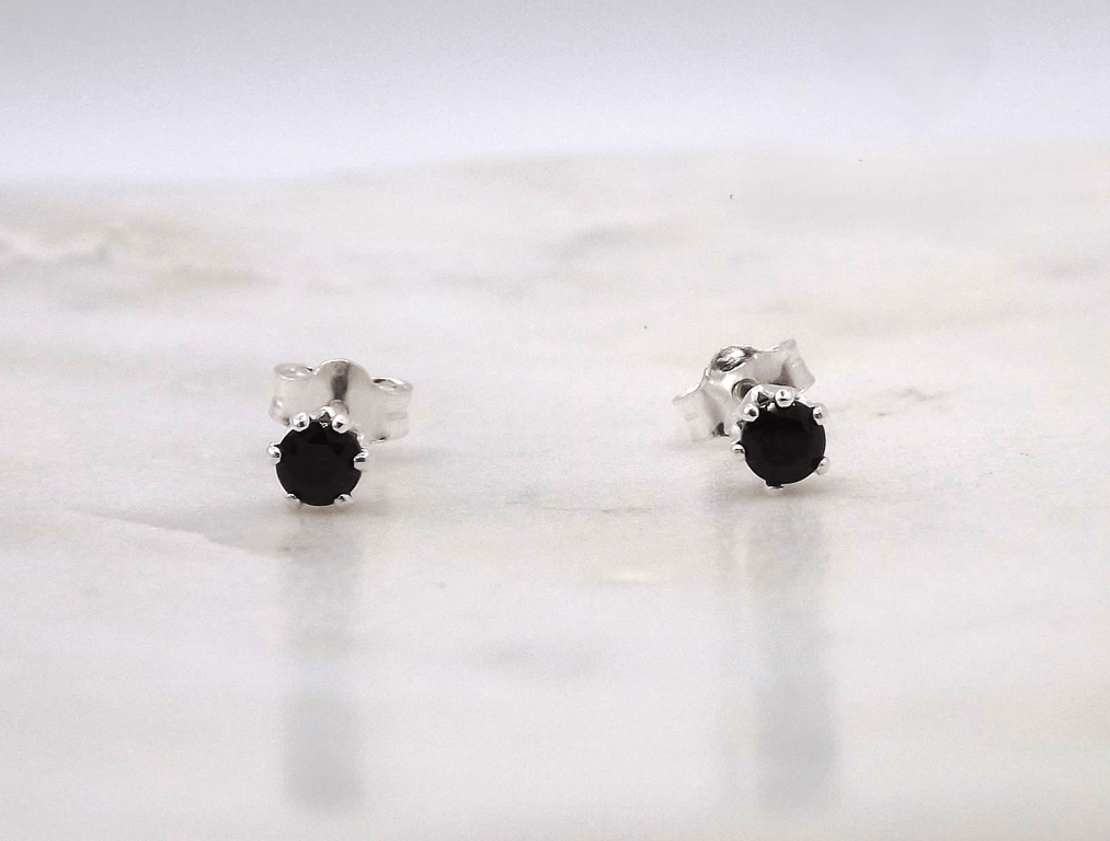Black Spinel Facet 3mm Gemstone 6 Prong Sterling Silver Stud Earrings.