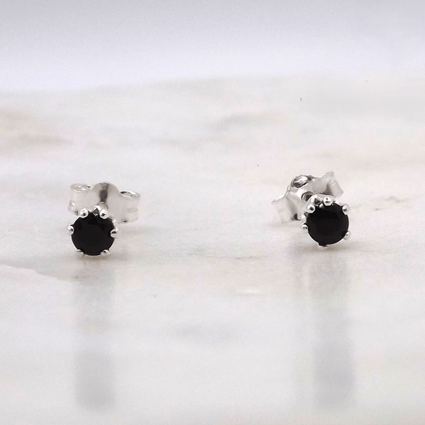 Black Spinel Facet 3mm Gemstone 6 Prong Sterling Silver Stud Earrings.