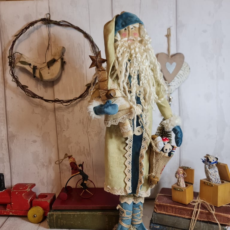 Primitive Father Chistmas with hessian sack handmade textile art soft sculpture