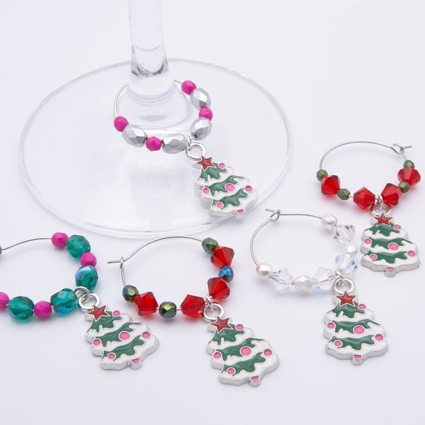 Luxury Colourful Enamel Christmas Tree and Crystal Wine Glass Charms Set of 5