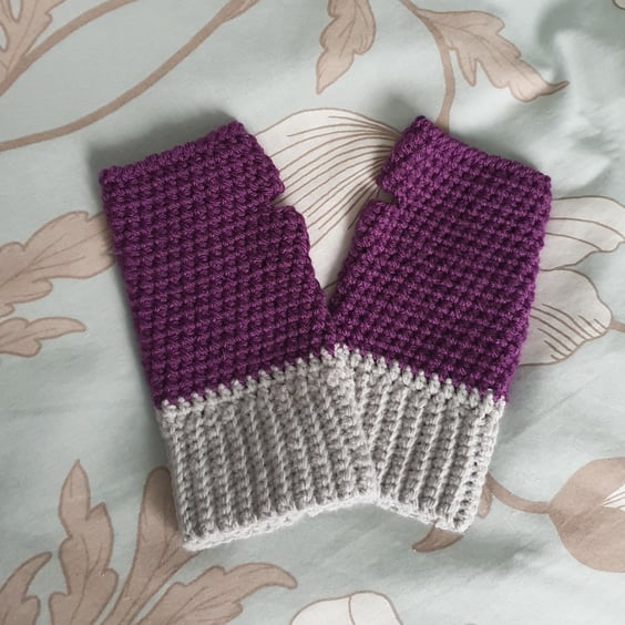 Purple Fingerless Mitts, crochet, winter warmers