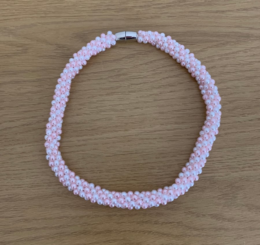 Handmade Woven Pale Pink & White Pearl Choker Necklace