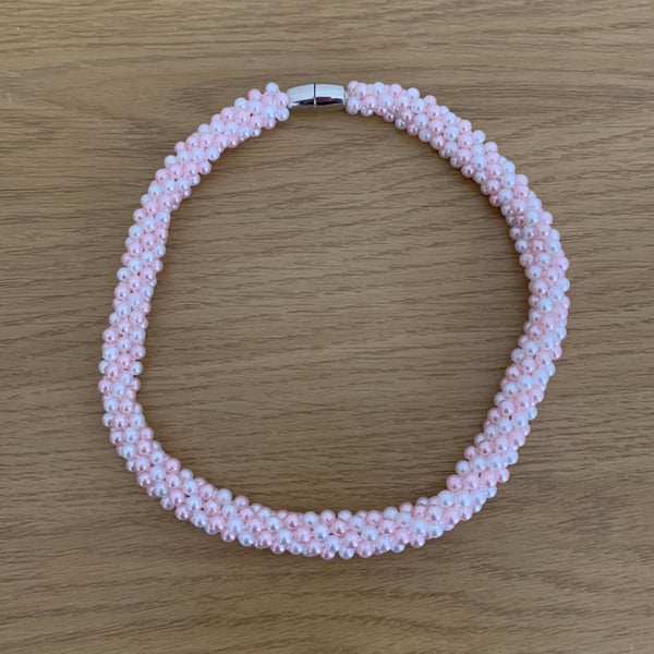 Handmade Woven Pale Pink & White Pearl Choker Necklace