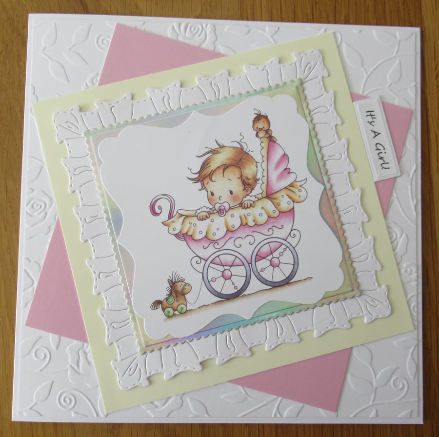 7x7" Baby Girl in a Pram - New Baby Girl Card