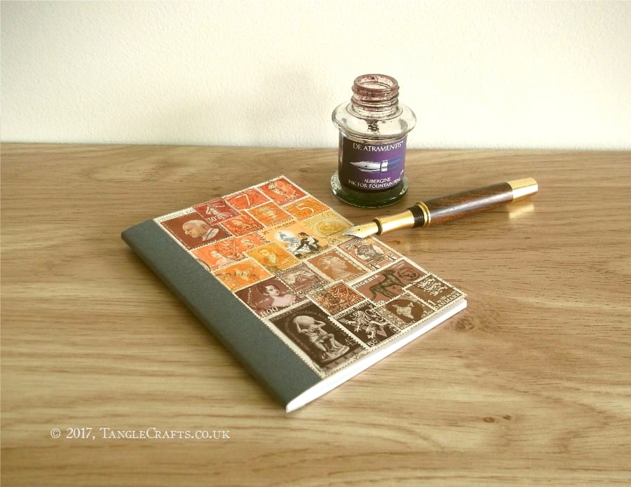 Orange Brown Address Book, Birthday Book - Upcycled Vintage Stamps Collage