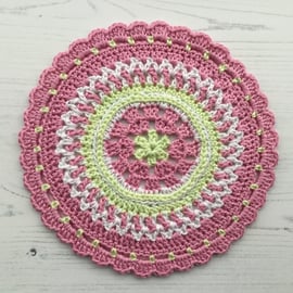 Crochet Mandala Table Mat in Pink Green and White 