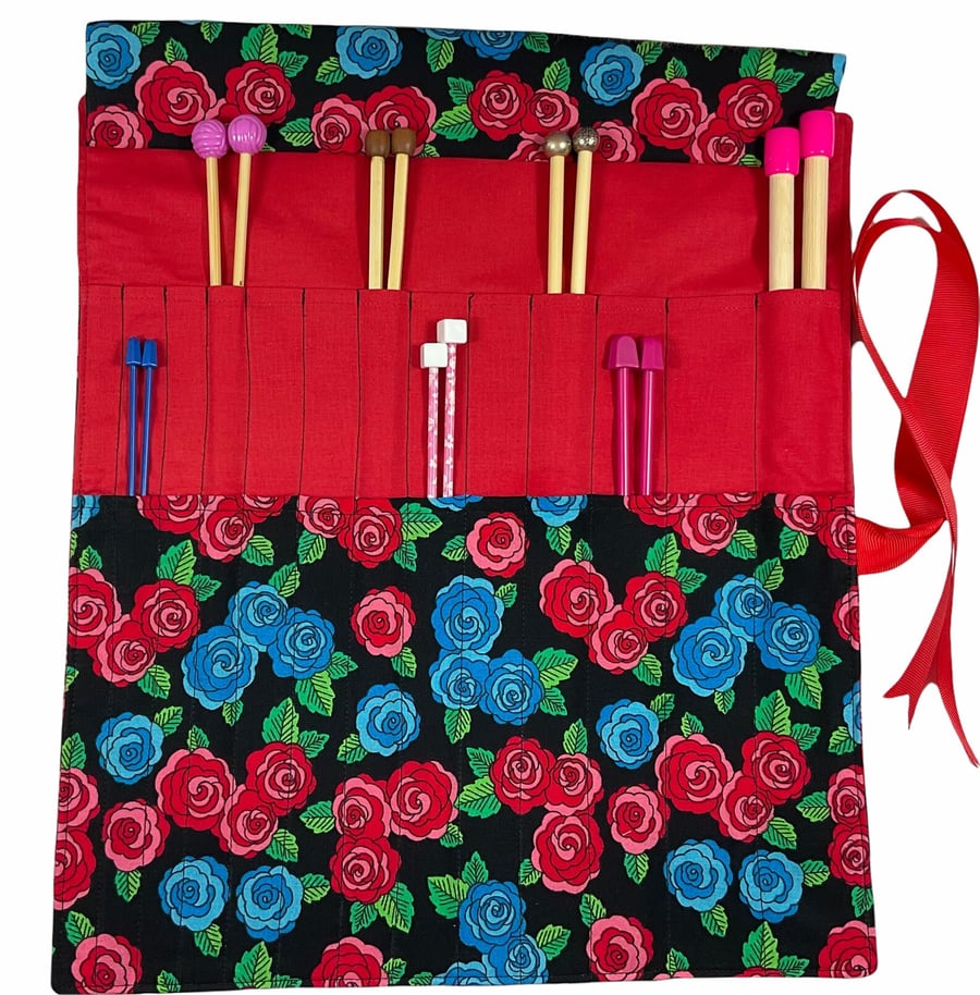 Red rose print Straight knitting needle case, floral needle roll, ribbon tie sto