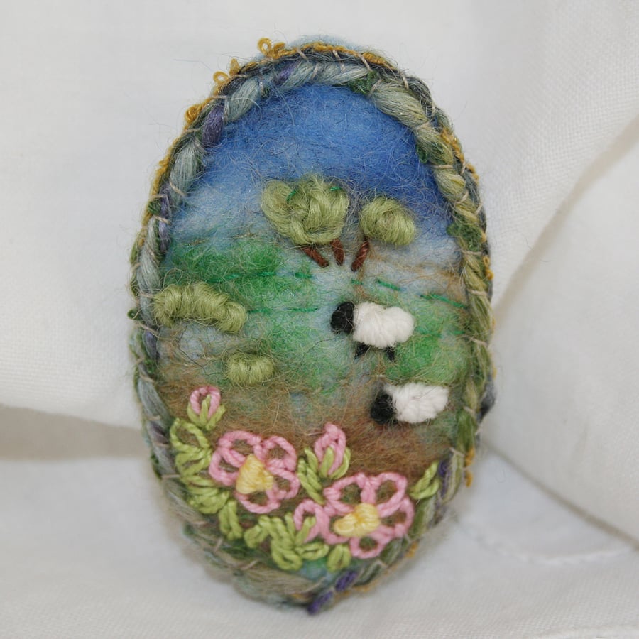 Embroidered Felted Spring Blossom Brooch - Hillside and Sheep