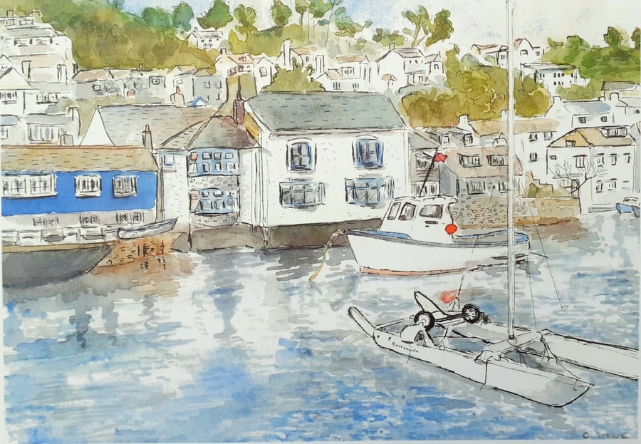  Art print Polperro Harbour Cornwall from an original watercolour 290 x 200 mm