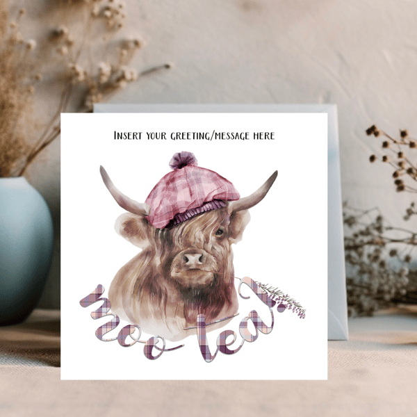 Scottish Theme Highland Cow- Coo Greetings Card can be personalised 