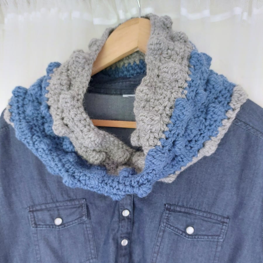 Perfectly Imperfect Crochet Chunky Cowl,Neck Warmer Alpaca Blend Silver, Blue
