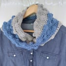 Perfectly Imperfect Crochet Chunky Cowl,Neck Warmer Alpaca Blend Silver, Blue