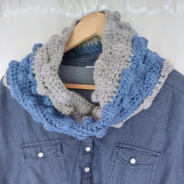 Perfectly Imperfect Crochet Chunky Cowl,Neck Warmer Alpaca Blend Silver, Blue