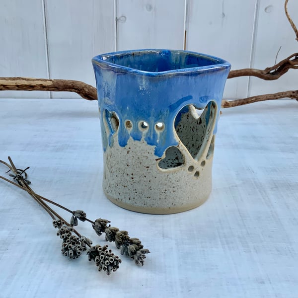 Tealight Candle Holder with winter wood & midnight rain glaze 