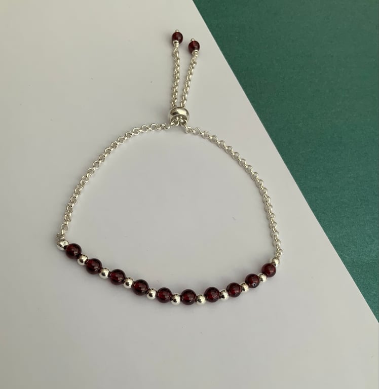 Sterling Silver and Garnet Bead Slider Bracelet – Handmade Adjustable Gift of St