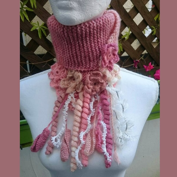 Cozy Crochet Necklace-Pink Hand Crochet Neckwrap with Knitted Flower and tassels