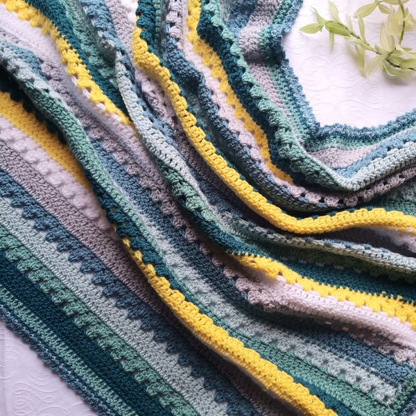 Seconds Sunday Crochet Baby Blanket. Sea Green, Lemon, White Stripes