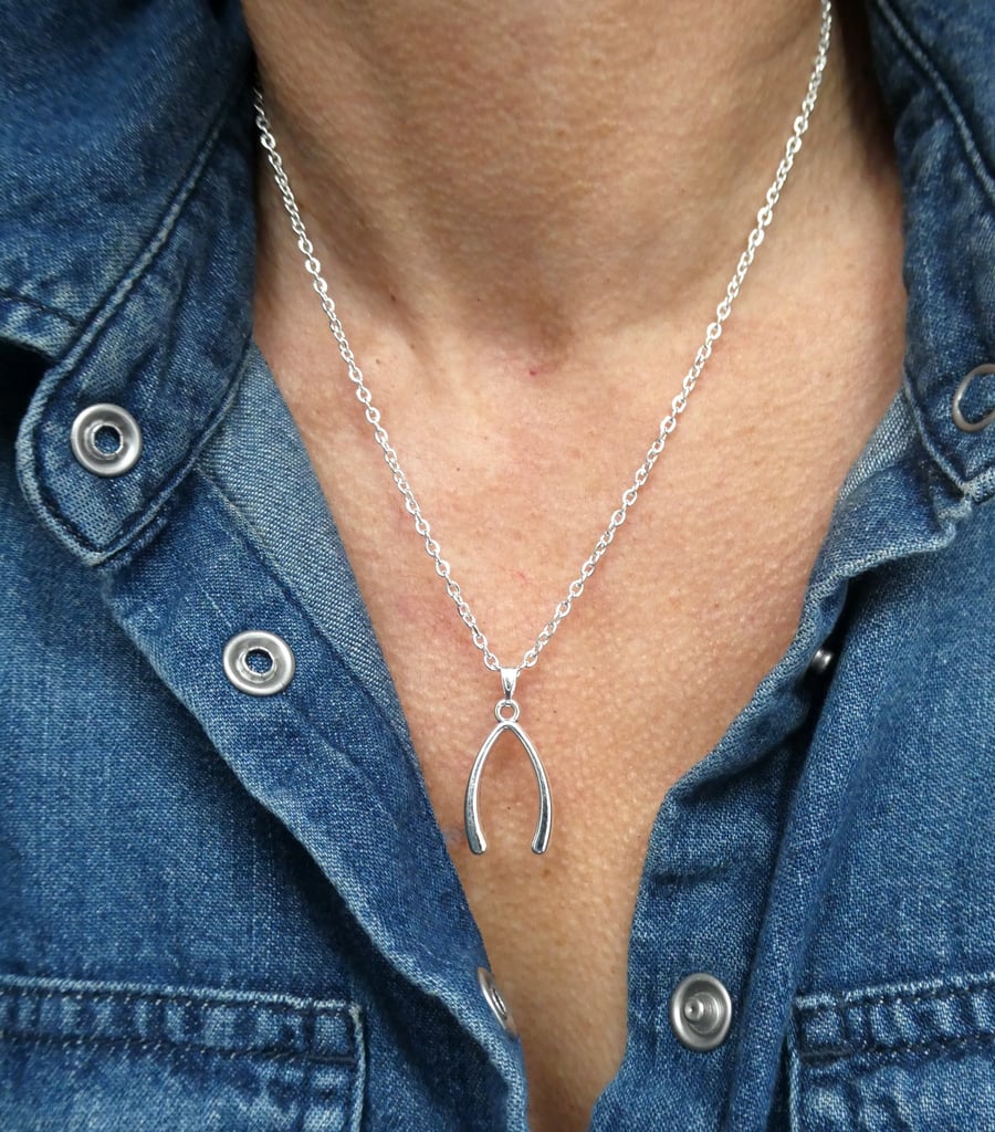 Silver wishbone charm necklace