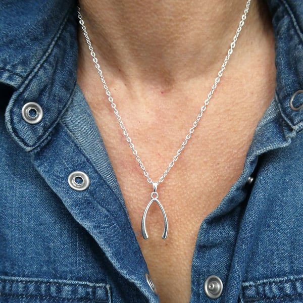 Silver wishbone charm necklace