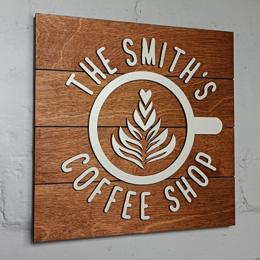 Large personalised wooden coffee cup logo sign