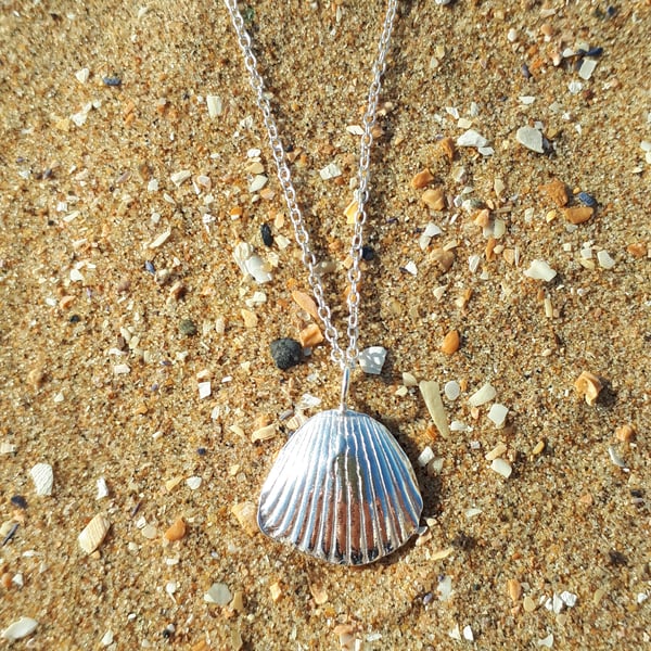 Large fine silver cockle shell necklace 