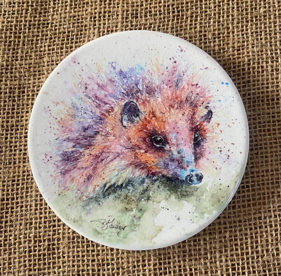 Hedgehog Watercolour Ceramic Coaster with Cork Base, Large 10cm Round Coaster.