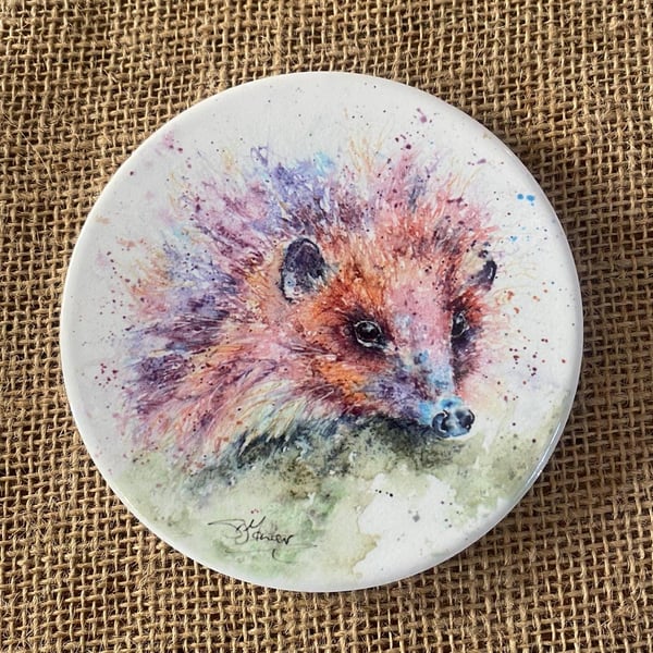 Hedgehog Watercolour Ceramic Coaster with Cork Base, Large 10cm Round Coaster.