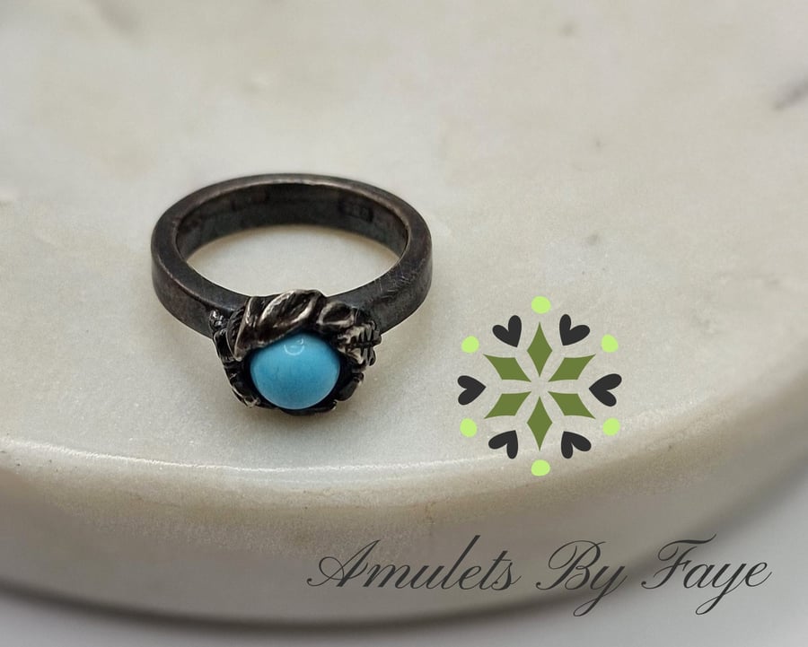 Recycled Sterling Silver, Ring, Leaves surrounding A Turquoise Gemstone. Size I