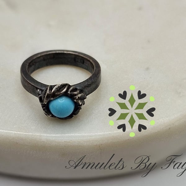 Recycled Sterling Silver, Ring, Leaves surrounding A Turquoise Gemstone. Size I