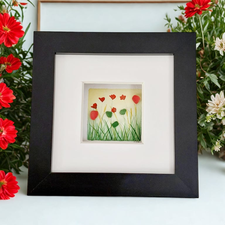 Original Poppy Field Art with Sea Glass - Thoughtful Thank You Gift