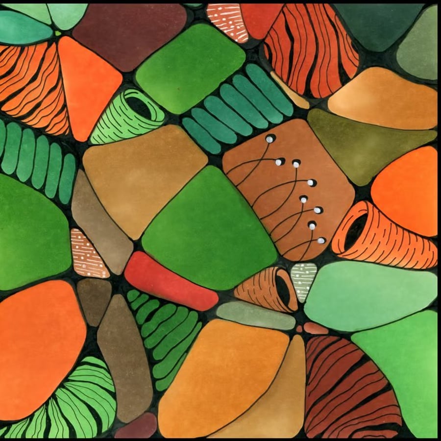 Abstract Art Print - Vibrant Orange and Green Doodle Art 8x8" 