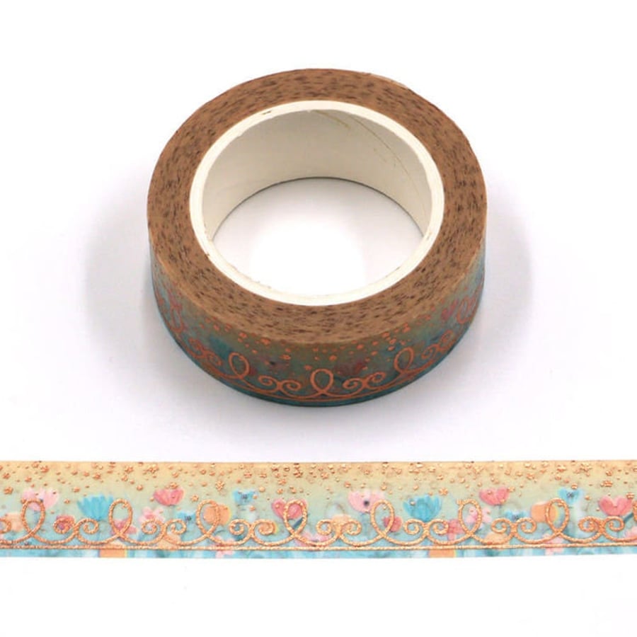 Blue Floral Bronze Washi Tape Decorative Self Adhesive Masking Tape 15mm x 10 Me