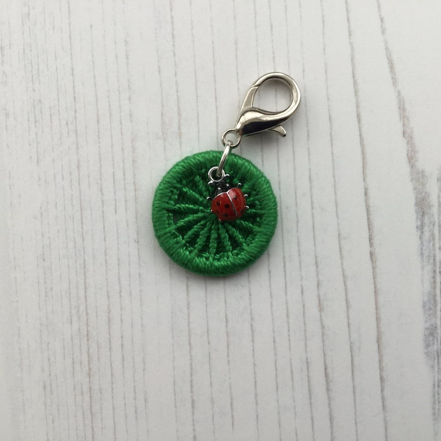 Green Dorset Button and Ladybird Charm for Notebook Journal Bag 
