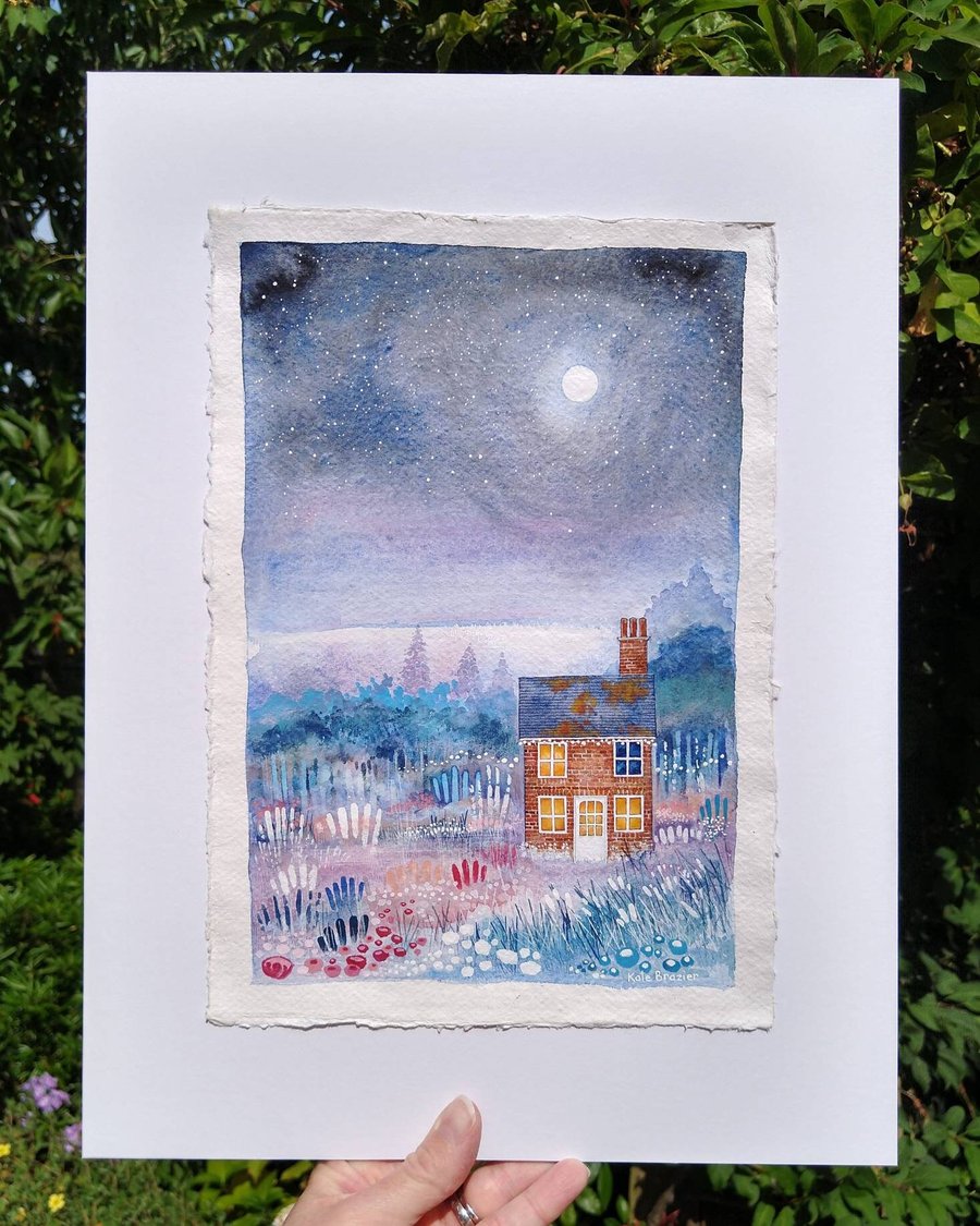 ORIGINAL MIXED MEDIA - Misty Cottage - Handmade Khadi paper. Framed