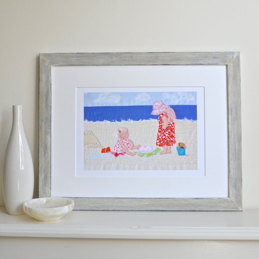 Children on beach with jellyfish picture - seaside themed print