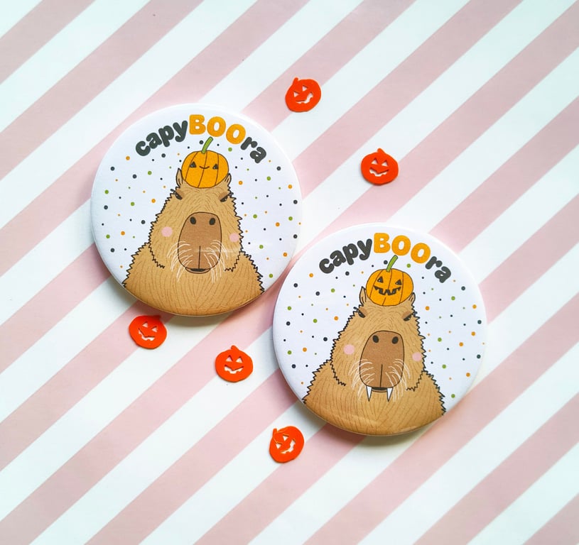 Handmade Capybara Halloween Badge 58mm - Spooky Cute Hallween Pin Badge