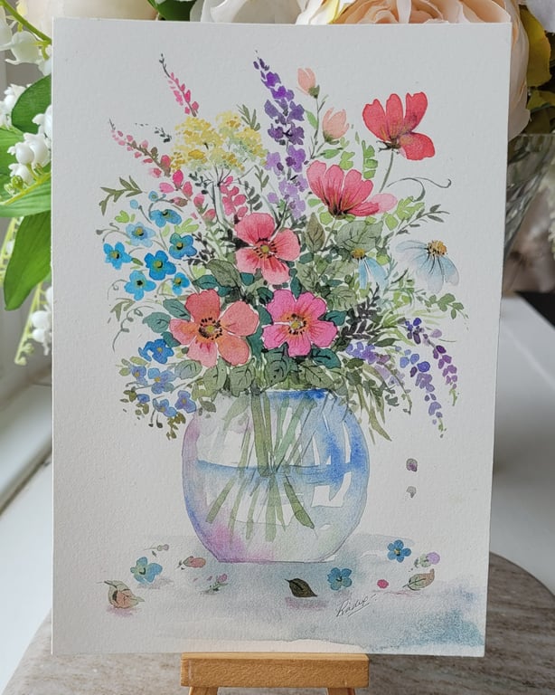 Original watercolor, summer flowers arrangement, home decor art,