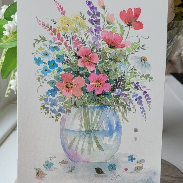 Original watercolor, summer flowers arrangement, home decor art,