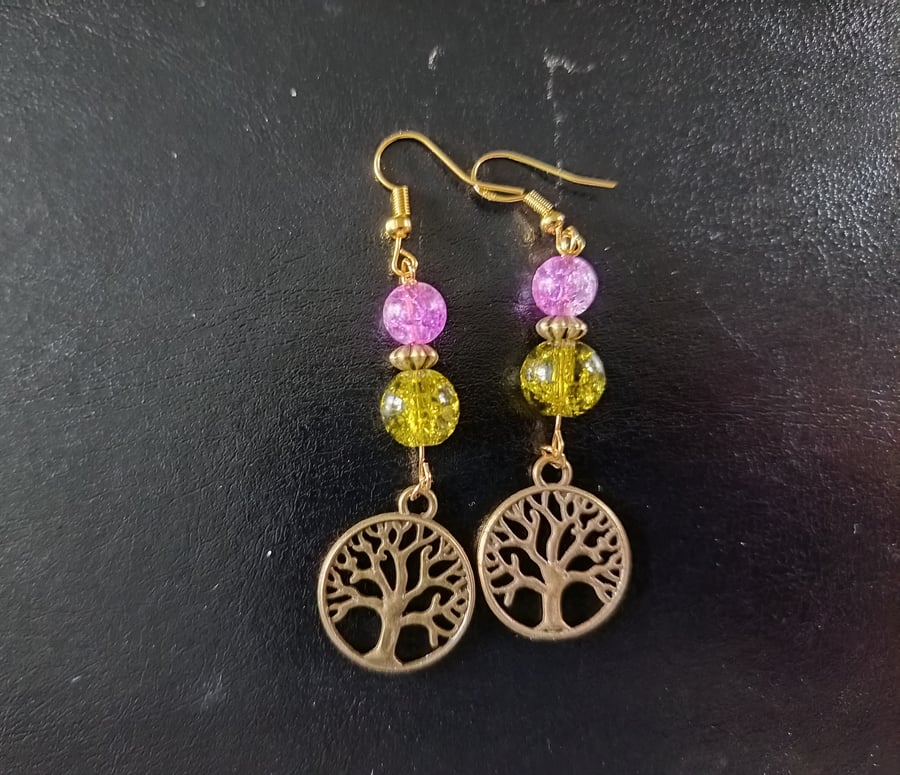 Bronze tree of life dangle earrings with green and lilac beads