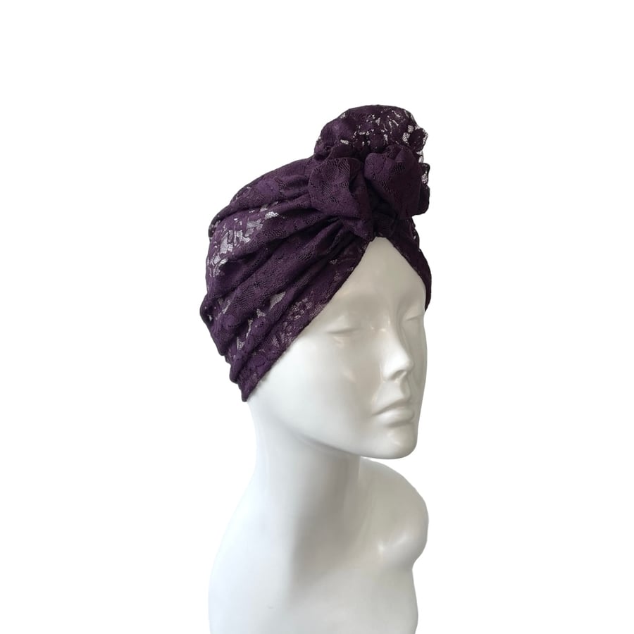 Purple Head Wrap Scarf Summer Elastic Thin Lace Turban Hat Cap for Women 