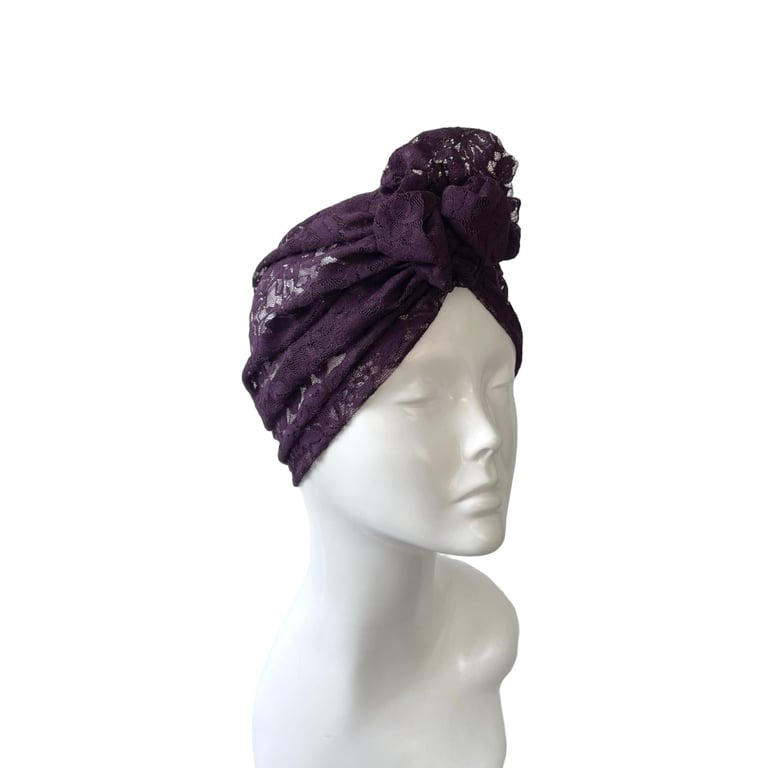 Purple Head Wrap Scarf Summer Elastic Thin Lace Turban Hat Cap for Women 