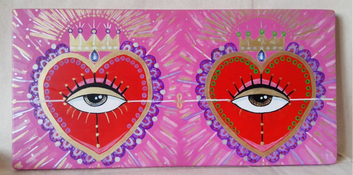 Sacred Heart of Sight Double - Hand-Painted Folk Talisman on Reclaimed Wood 