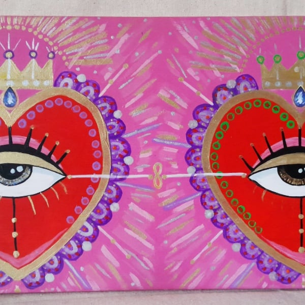 Sacred Heart of Sight Double - Hand-Painted Folk Talisman on Reclaimed Wood 