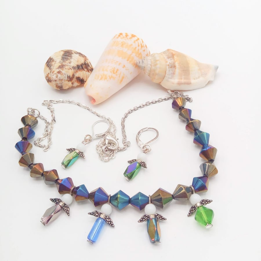 Crystals and Chain Jewellery Set With Crystal Guardian Angel Charms