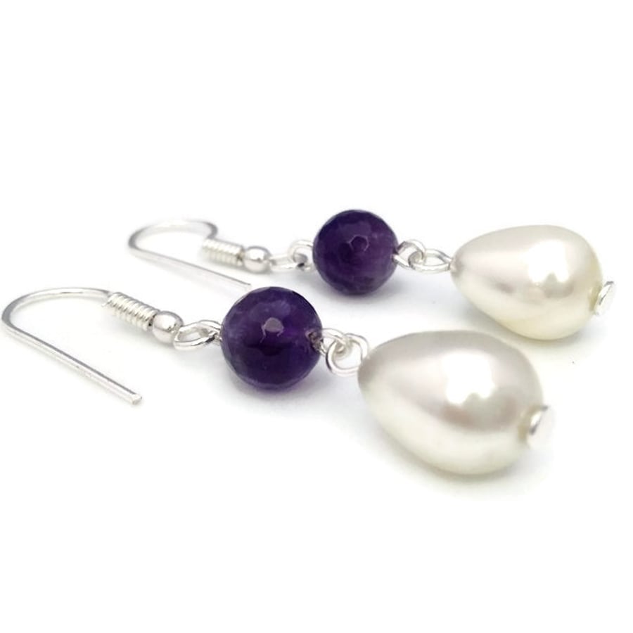 SALE - White Shell Pearl And Amethyst Drop Earrings