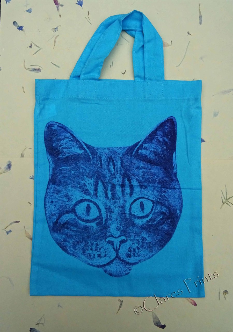Blue Cat Collagraph Printed Hand Printed Mini Tote Shopping Bag Children