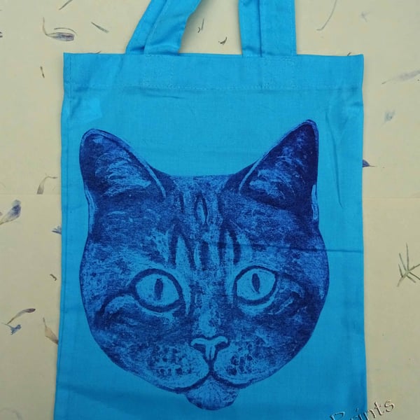 Blue Cat Collagraph Printed Hand Printed Mini Tote Shopping Bag Children