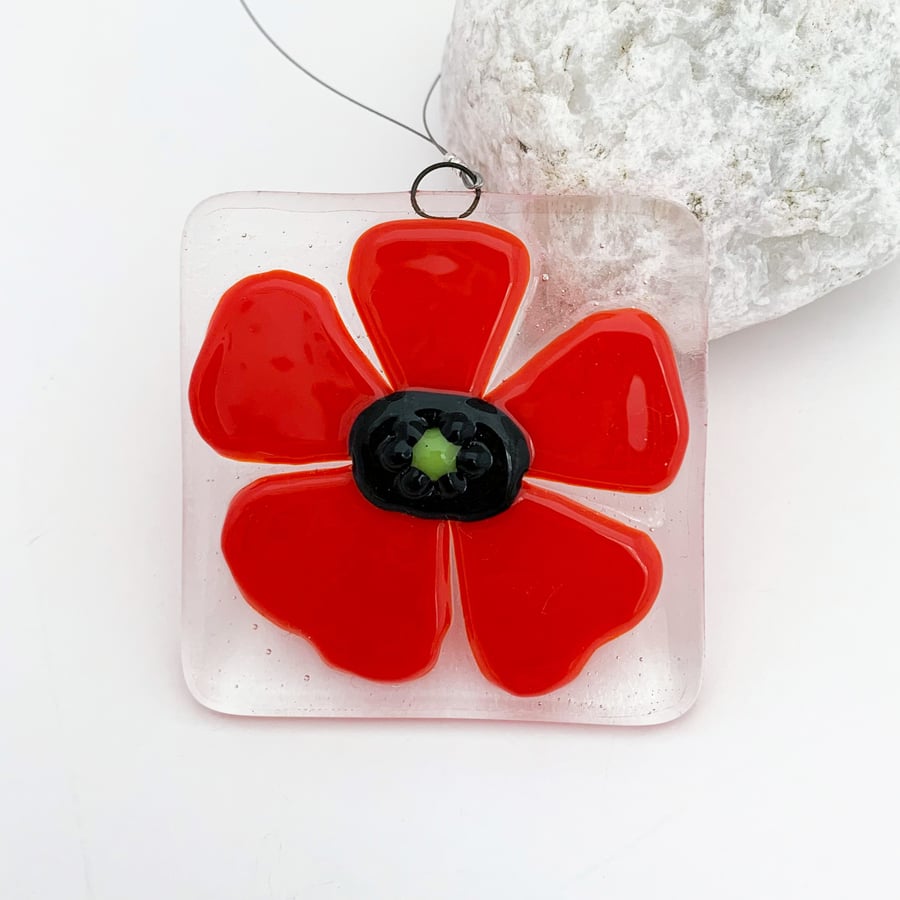 Square Red Poppy Hanging - Handmade Fused Glass Suncatcher